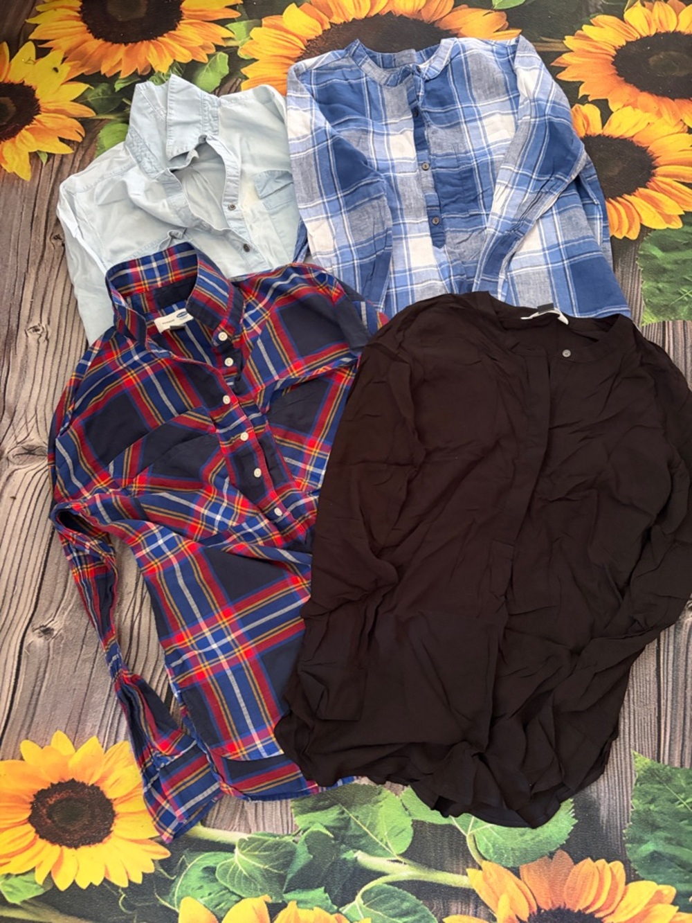 Women’s Casual Button-Up Top in Blue Plaid, Light Blue, Navy Plaid & Black